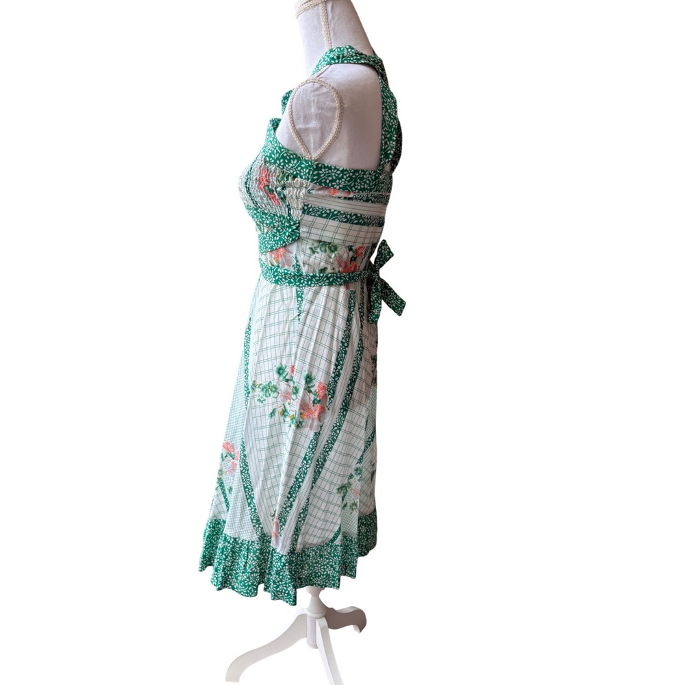 Vintage 70s Green Floral Halter Dress Cutout Smocked Bust Cottagecore S - Picture 2 of 7